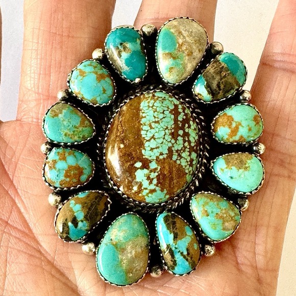 Native American Navajo Indian Turquoise Jewelry Jewelry - HUGE Navajo Cluster Ring Sz 7 Turquoise #8 Mine Sterling Signed Spencer Native